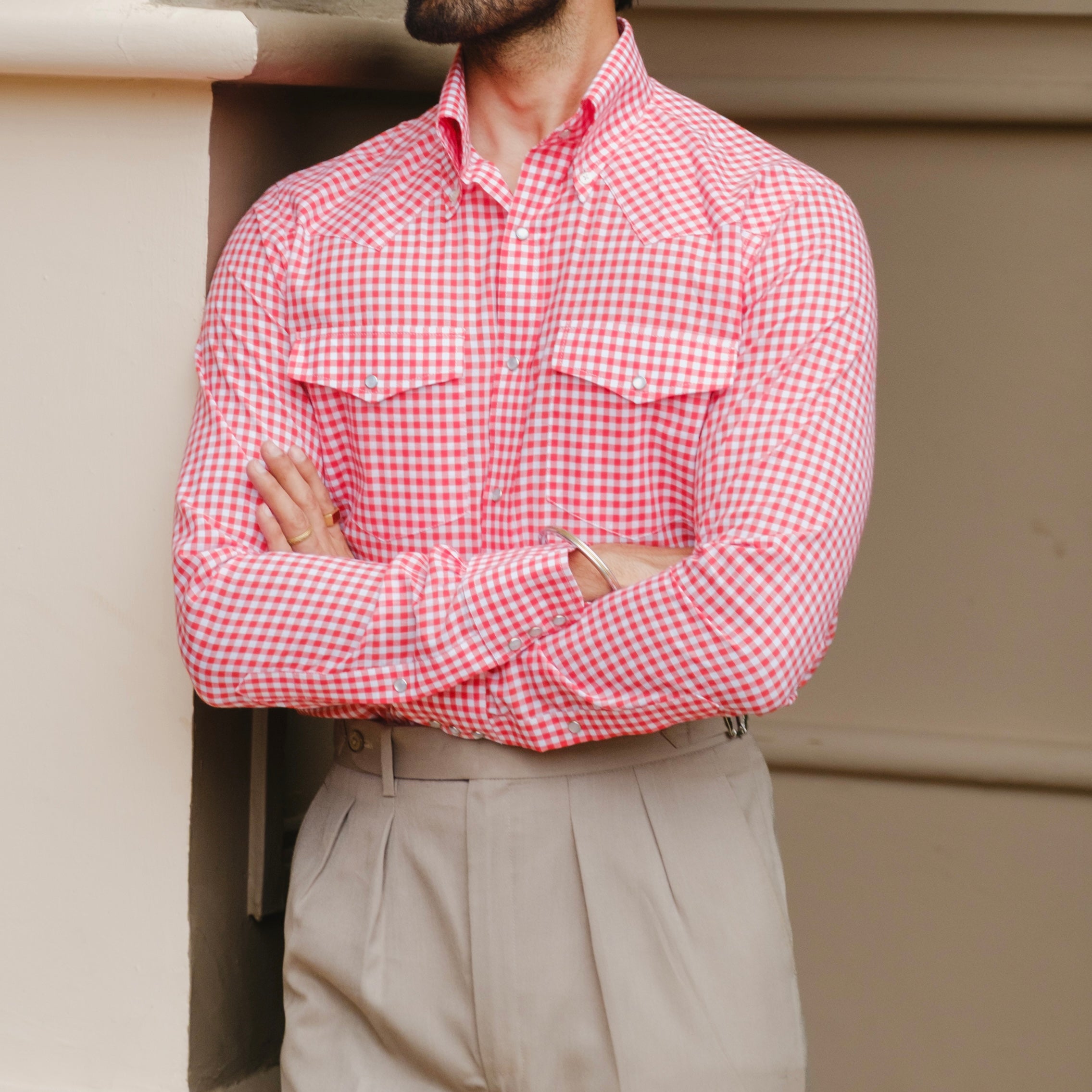 PENTEDATTILO RED AND WHITE GINGHAM BUTTON DOWN SHIRT