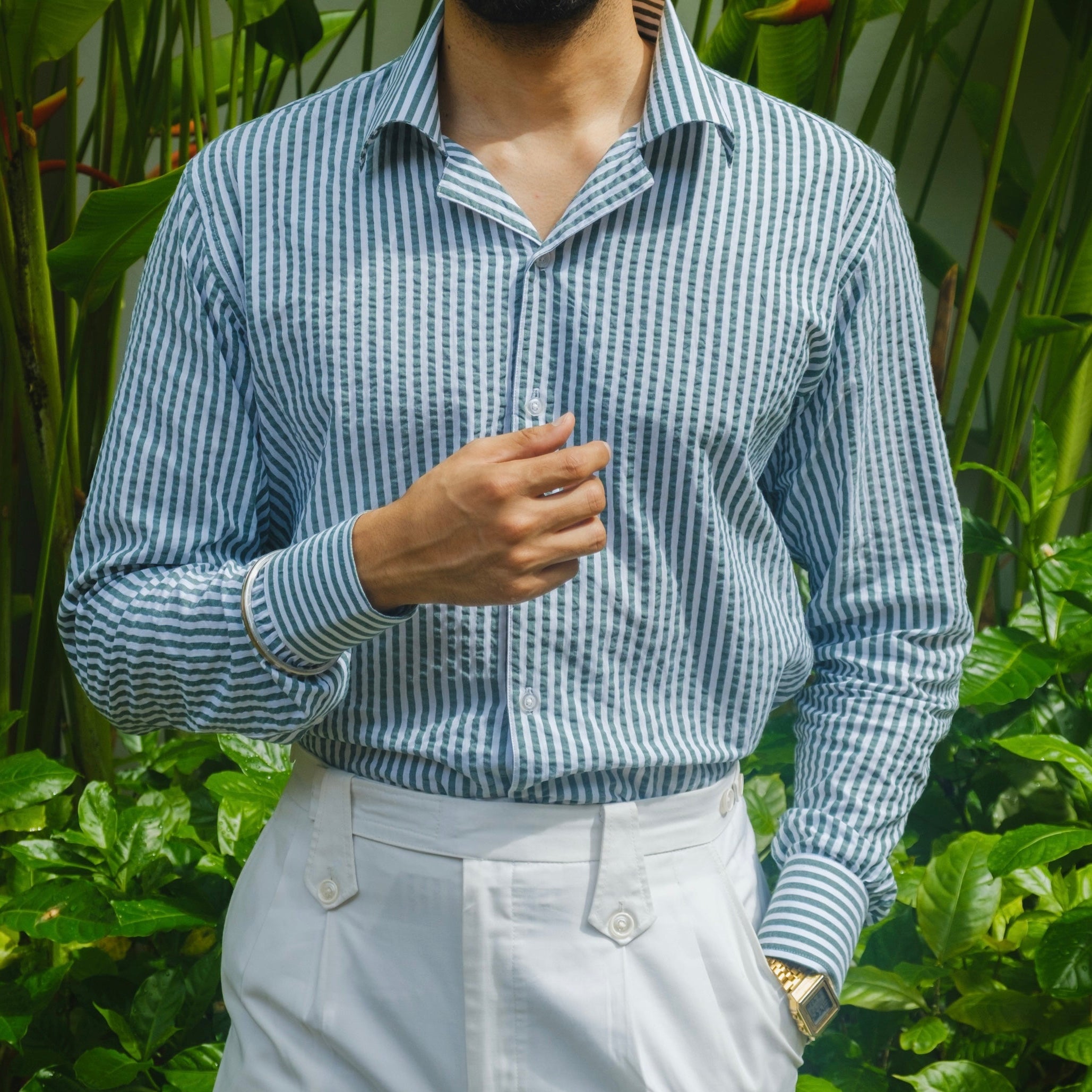 CAMOGLI GREEN SEERSUCKER STRIPED SHIRT