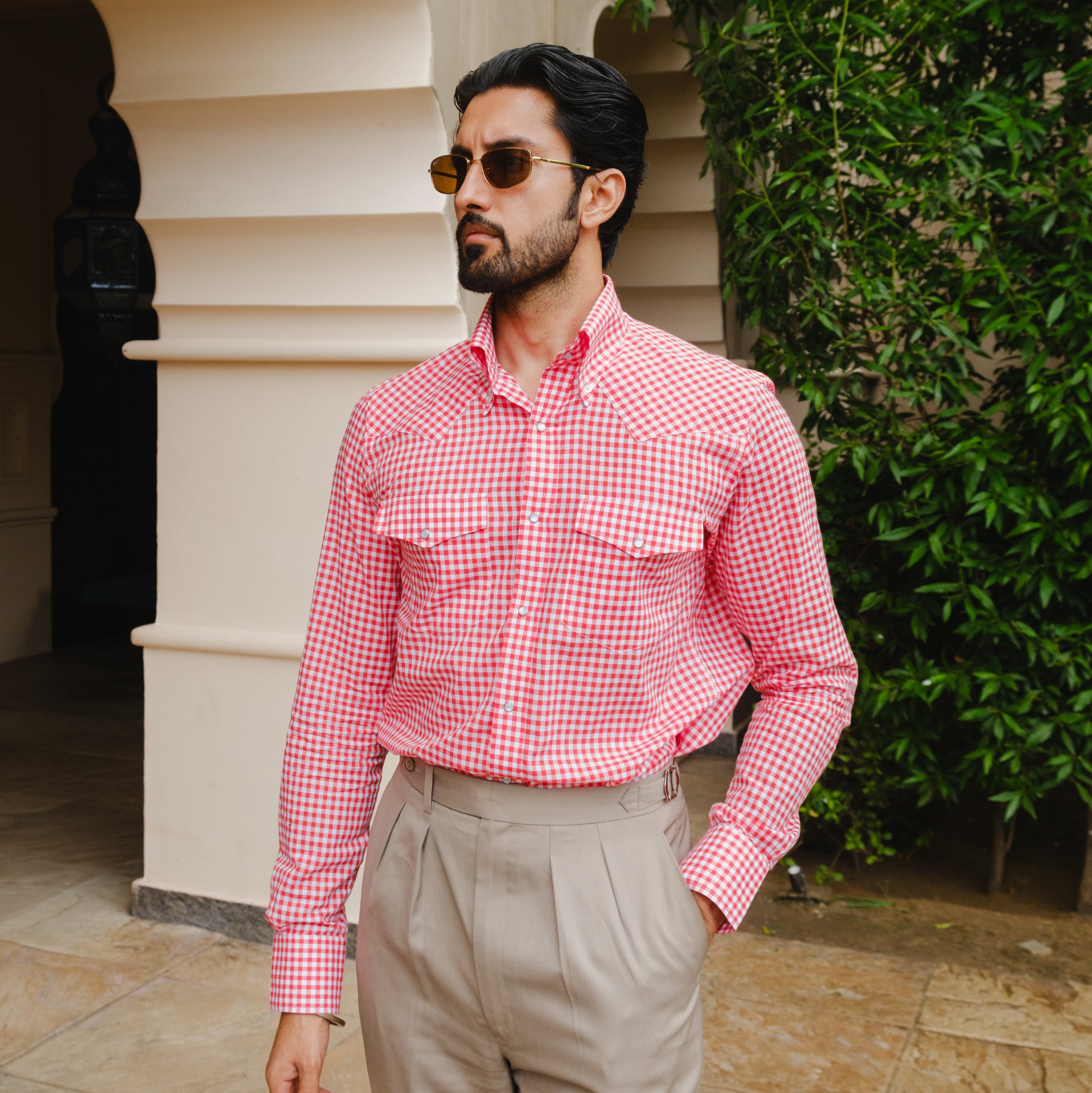 PENTEDATTILO RED AND WHITE GINGHAM BUTTON DOWN SHIRT