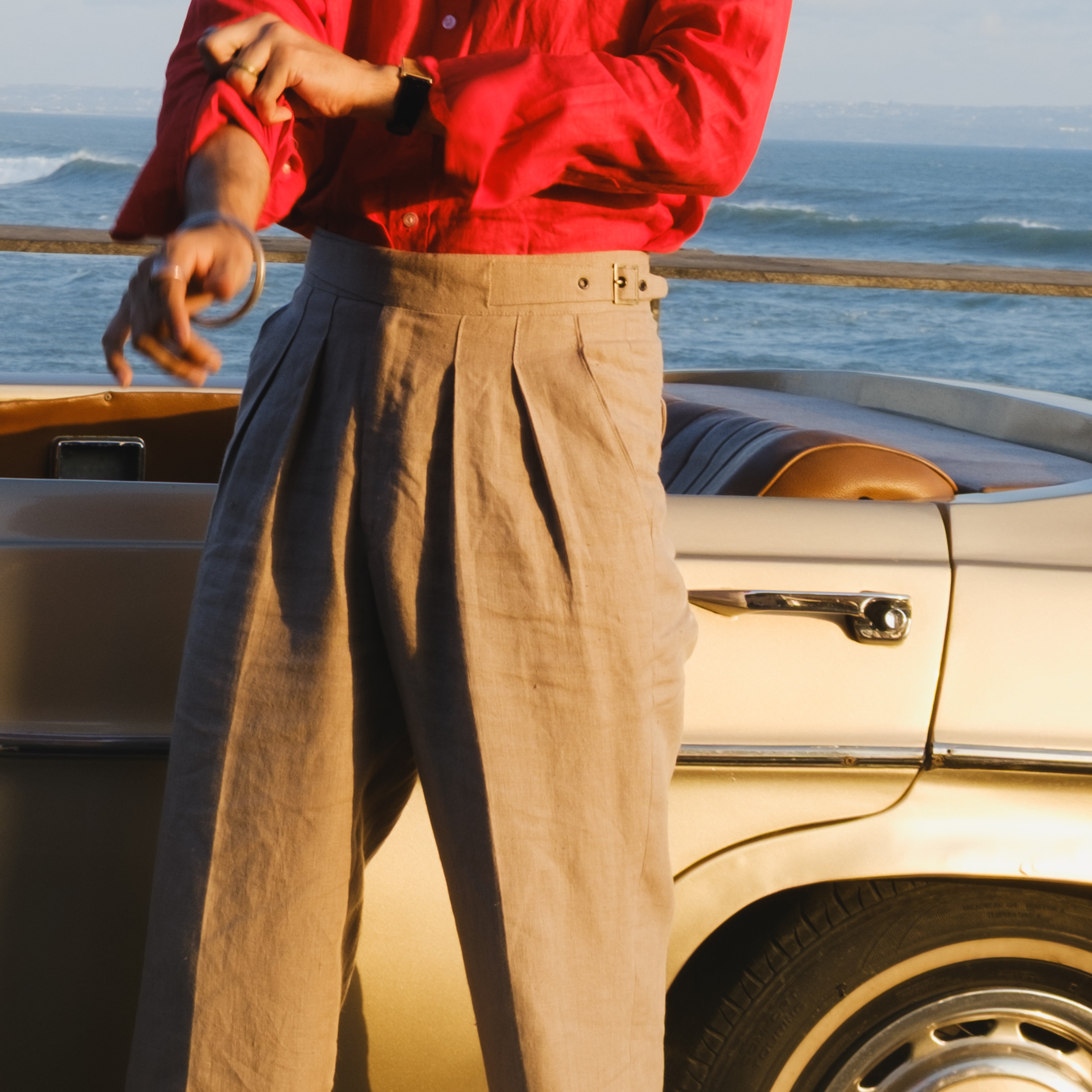 LORENZO TAUPE LINEN PLEATED GURKHA TROUSERS