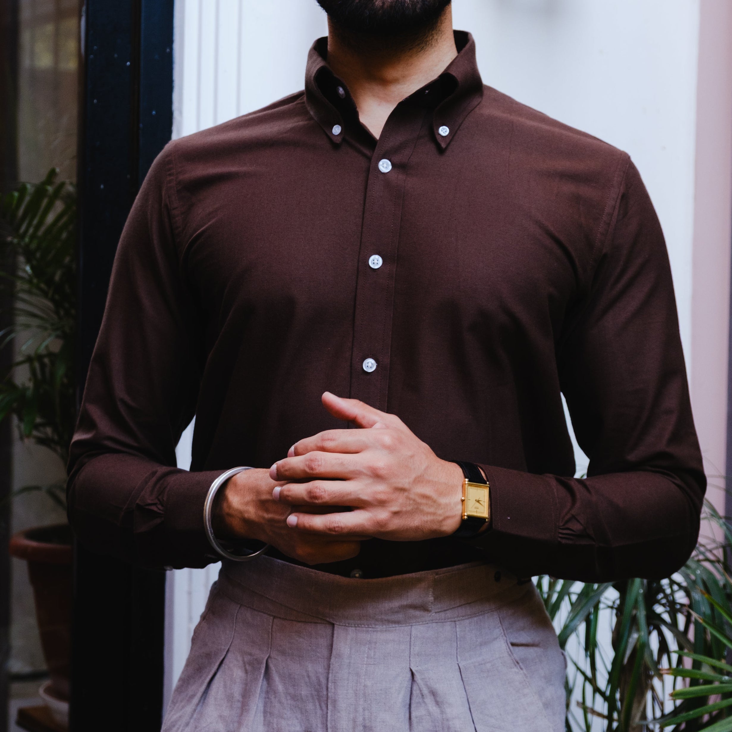 VALENTI COCOA BROWN OXFORD BUTTON-DOWN SHIRT