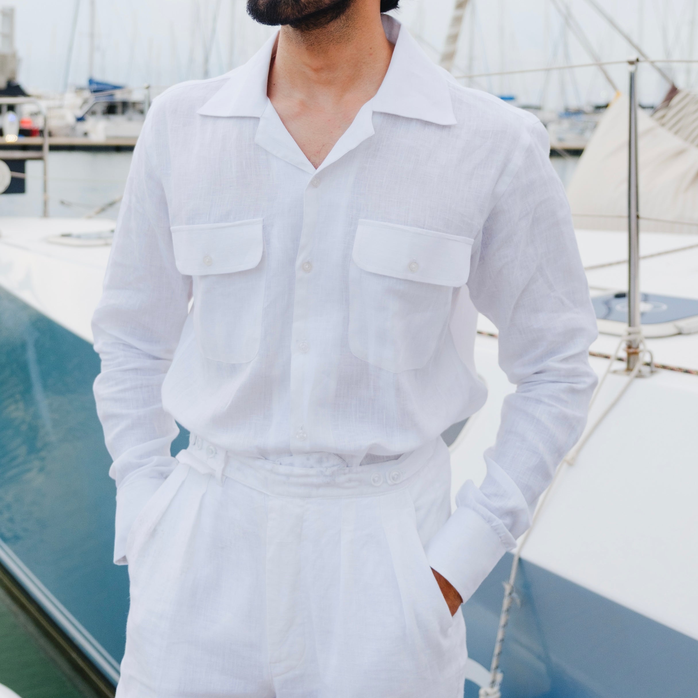 SORRENTO WHITE CUBAN COLLAR LINEN SHIRT