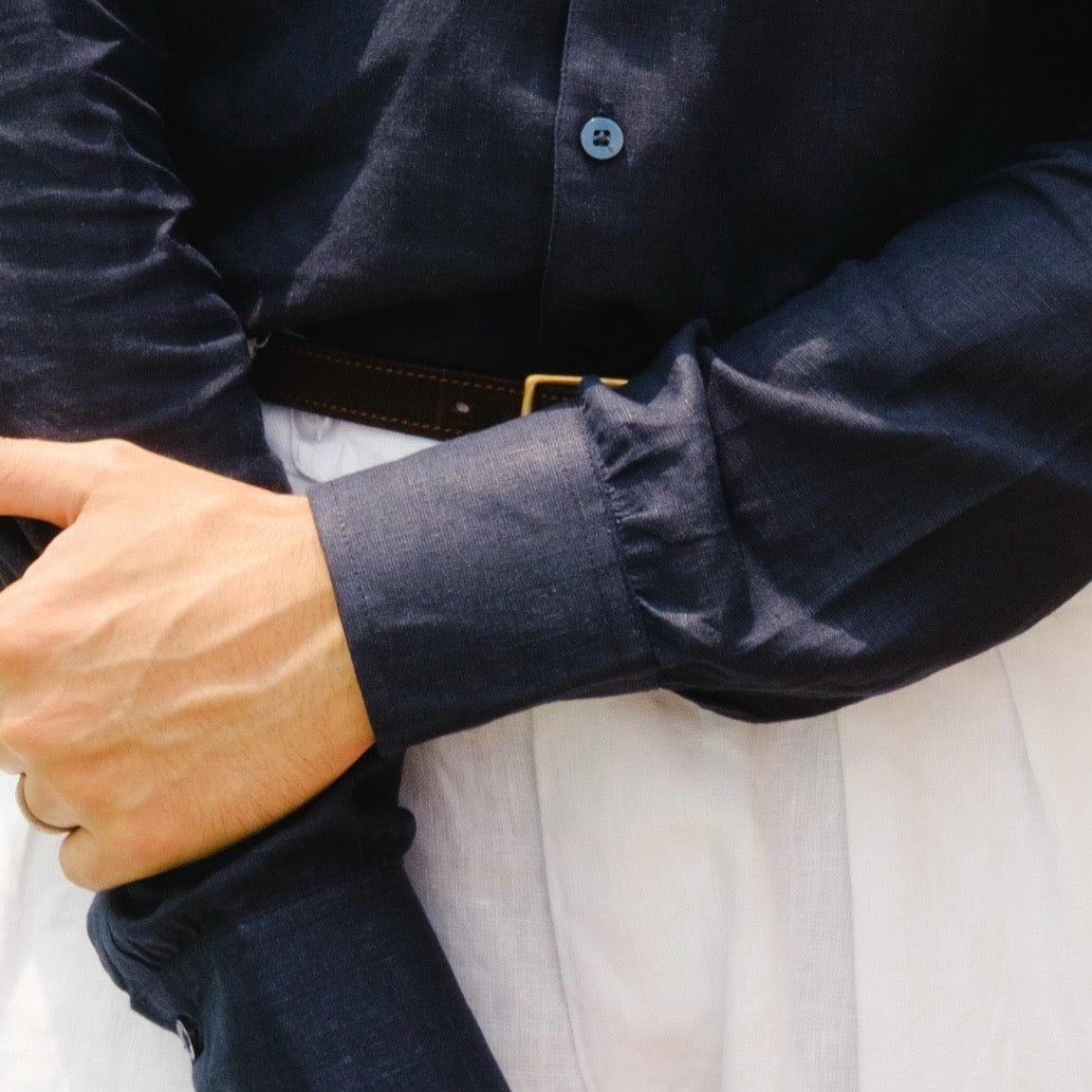 RAVELLO NAVY CUBAN COLLAR LINEN SHIRT