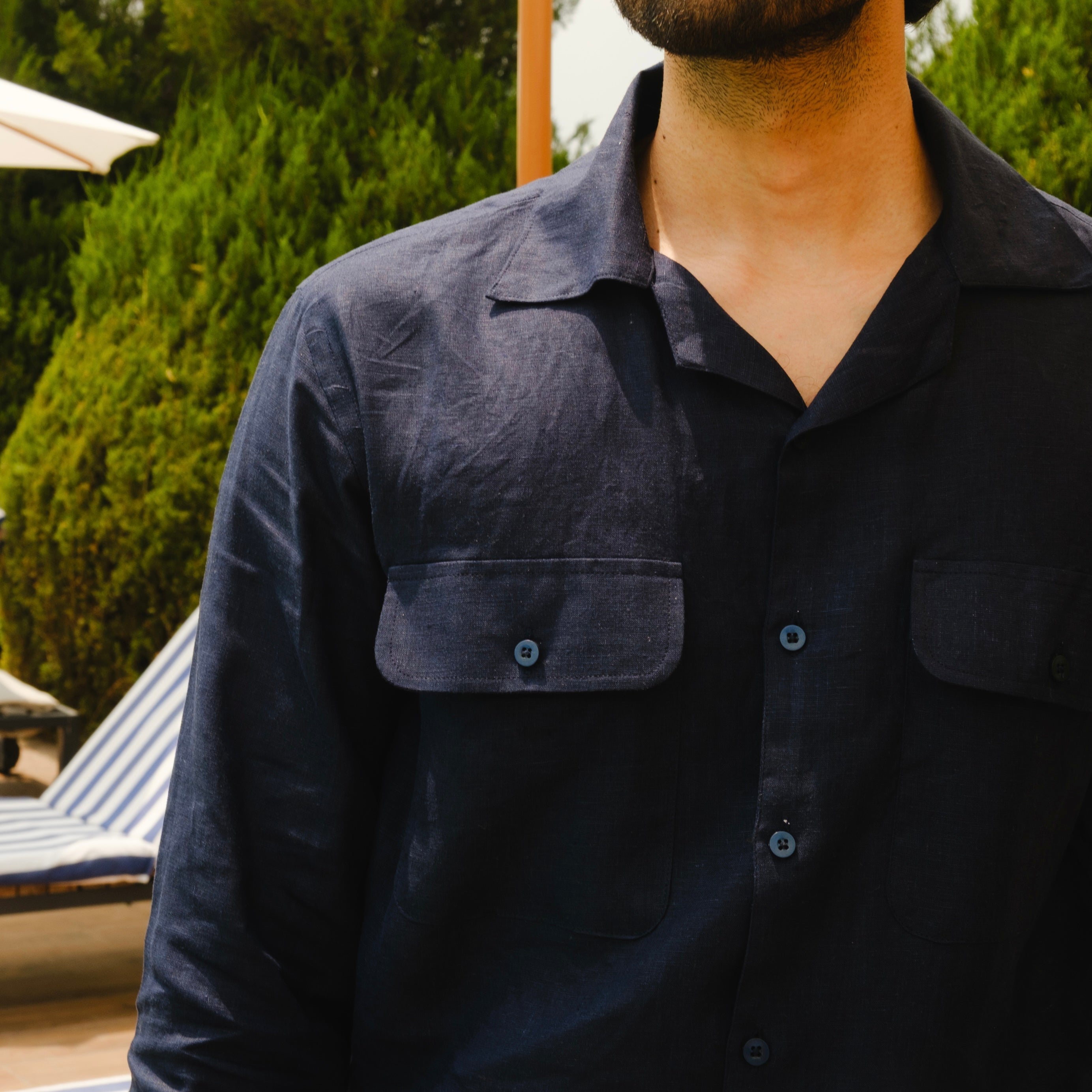 RAVELLO NAVY CUBAN COLLAR LINEN SHIRT
