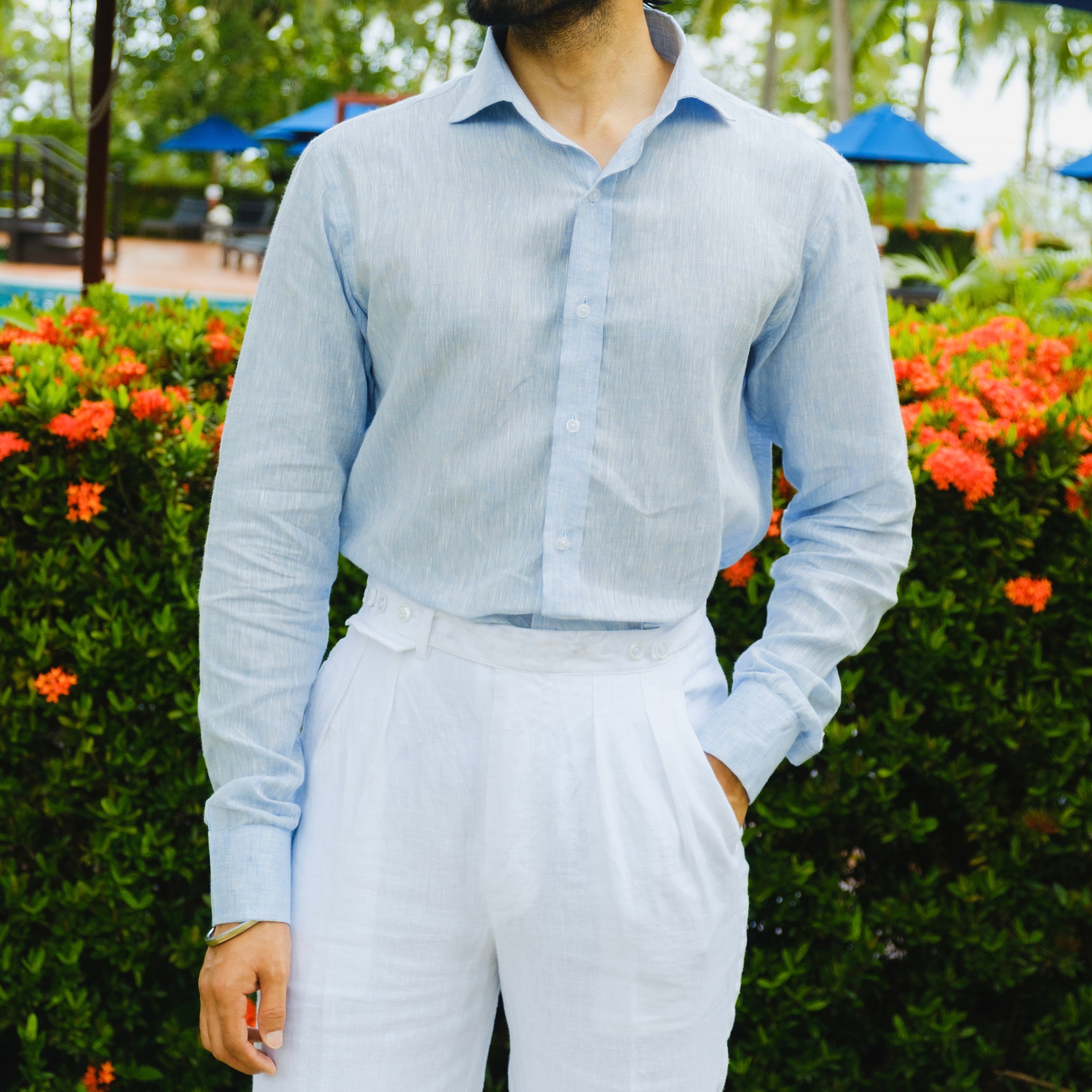 TAORMINA SKY BLUE LINEN SPREAD COLLAR SHIRT