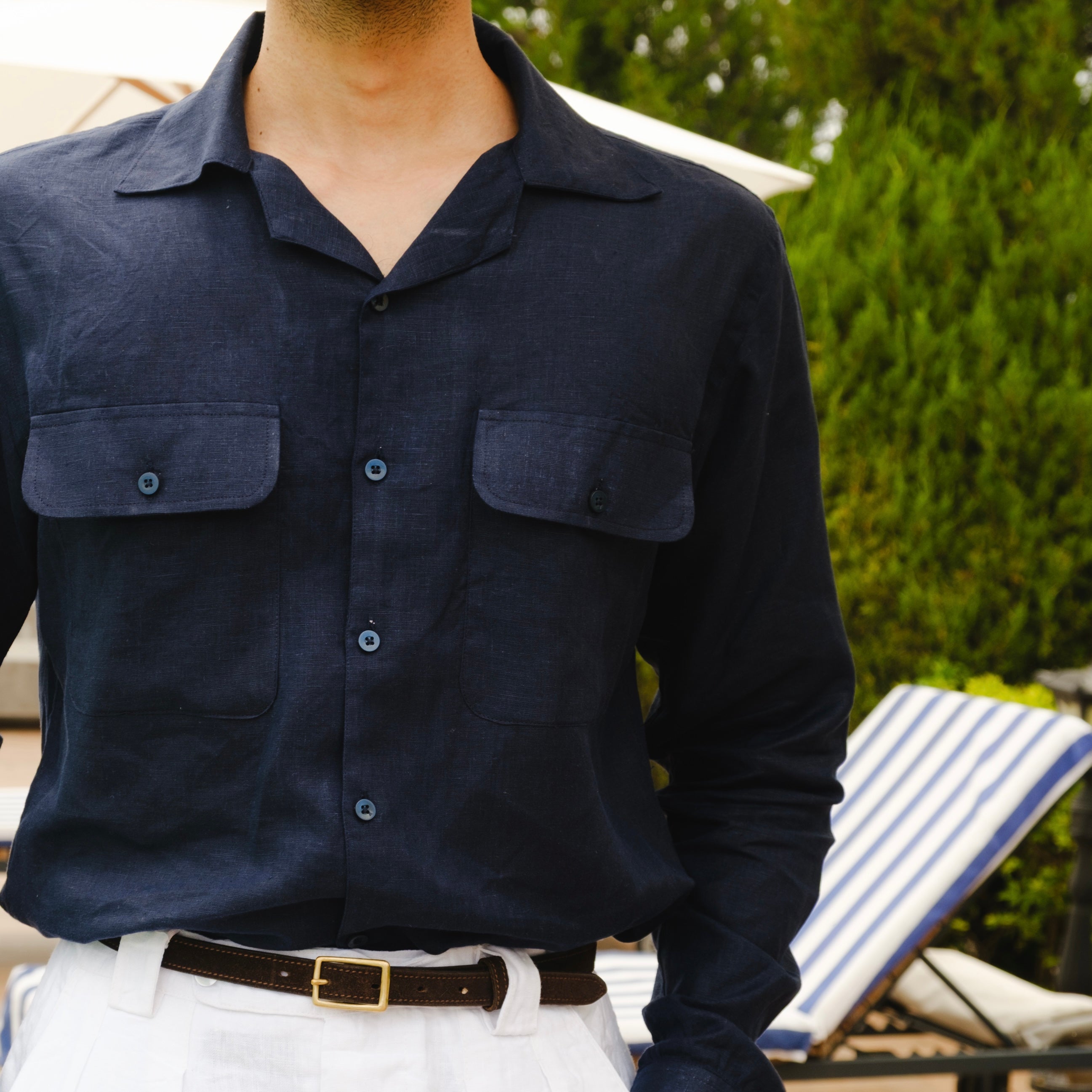 RAVELLO NAVY CUBAN COLLAR LINEN SHIRT