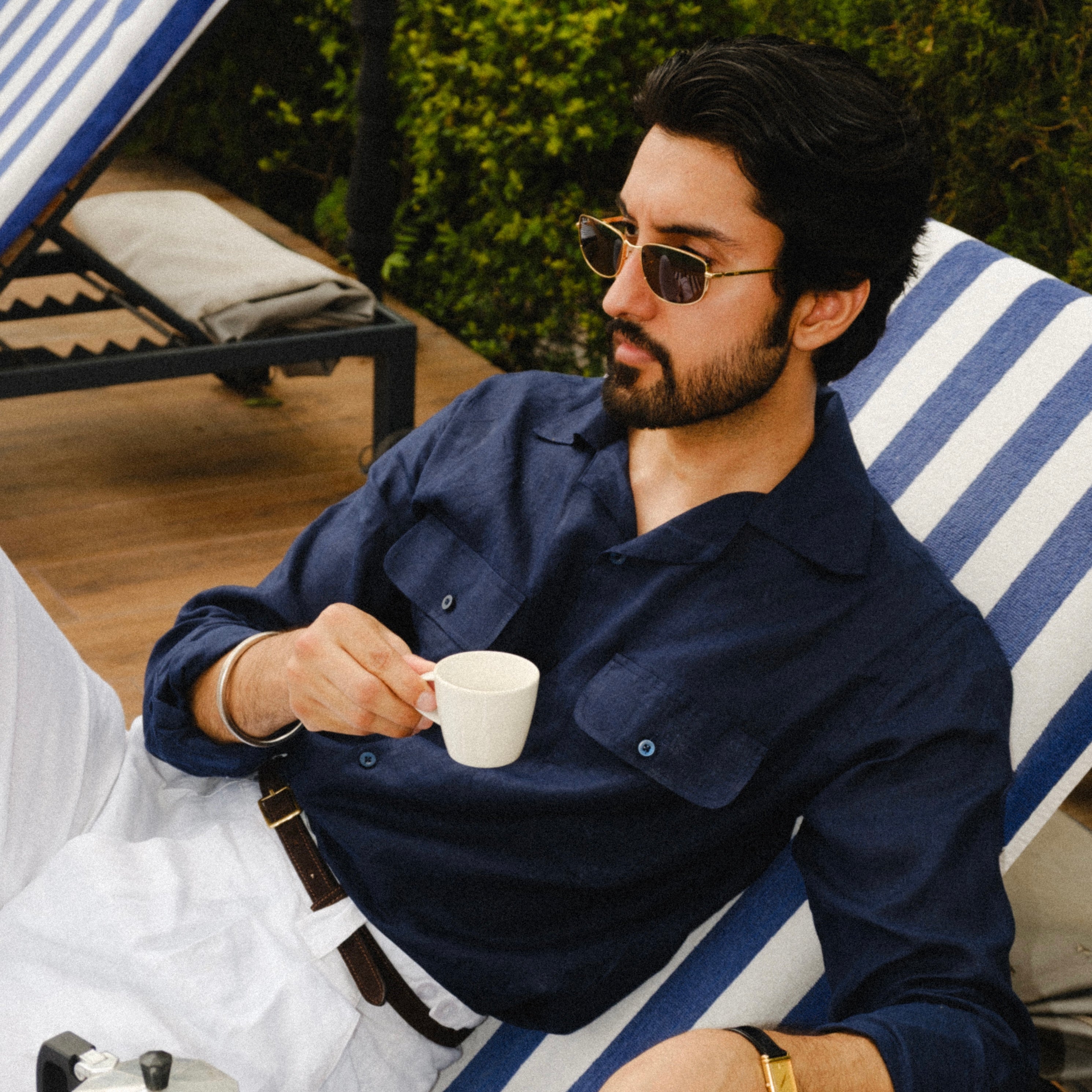 RAVELLO NAVY CUBAN COLLAR LINEN SHIRT
