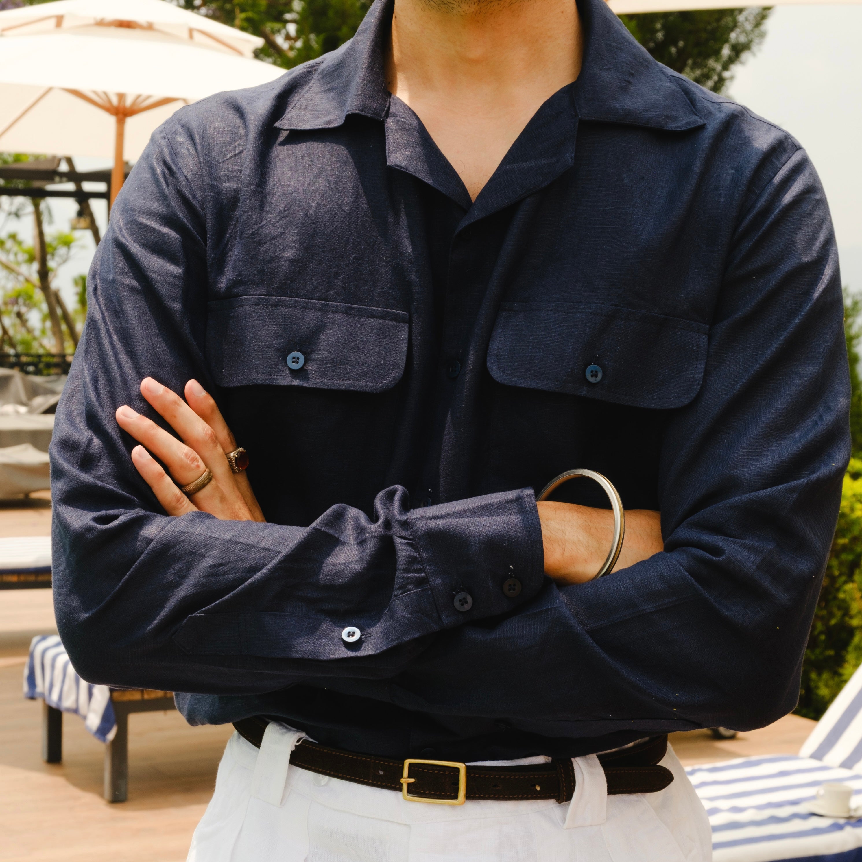 RAVELLO NAVY CUBAN COLLAR LINEN SHIRT