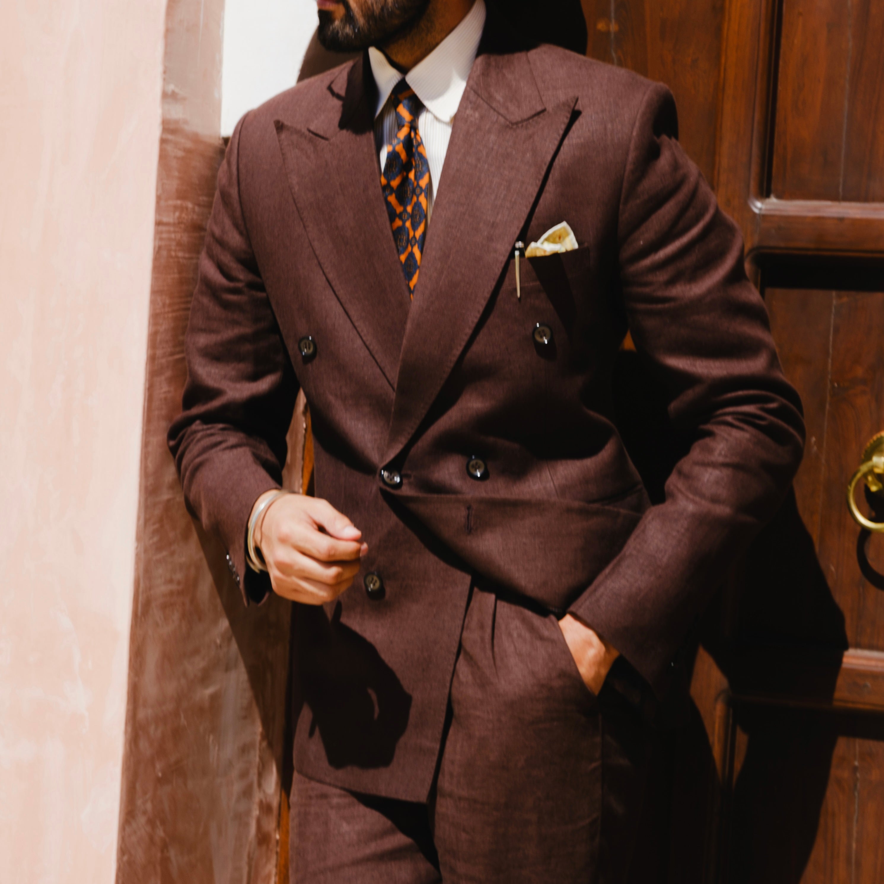 Sakado Express ツイード　ブラウン　M ESPRESSO BROWN LINEN DOUBLE BREASTED SUIT