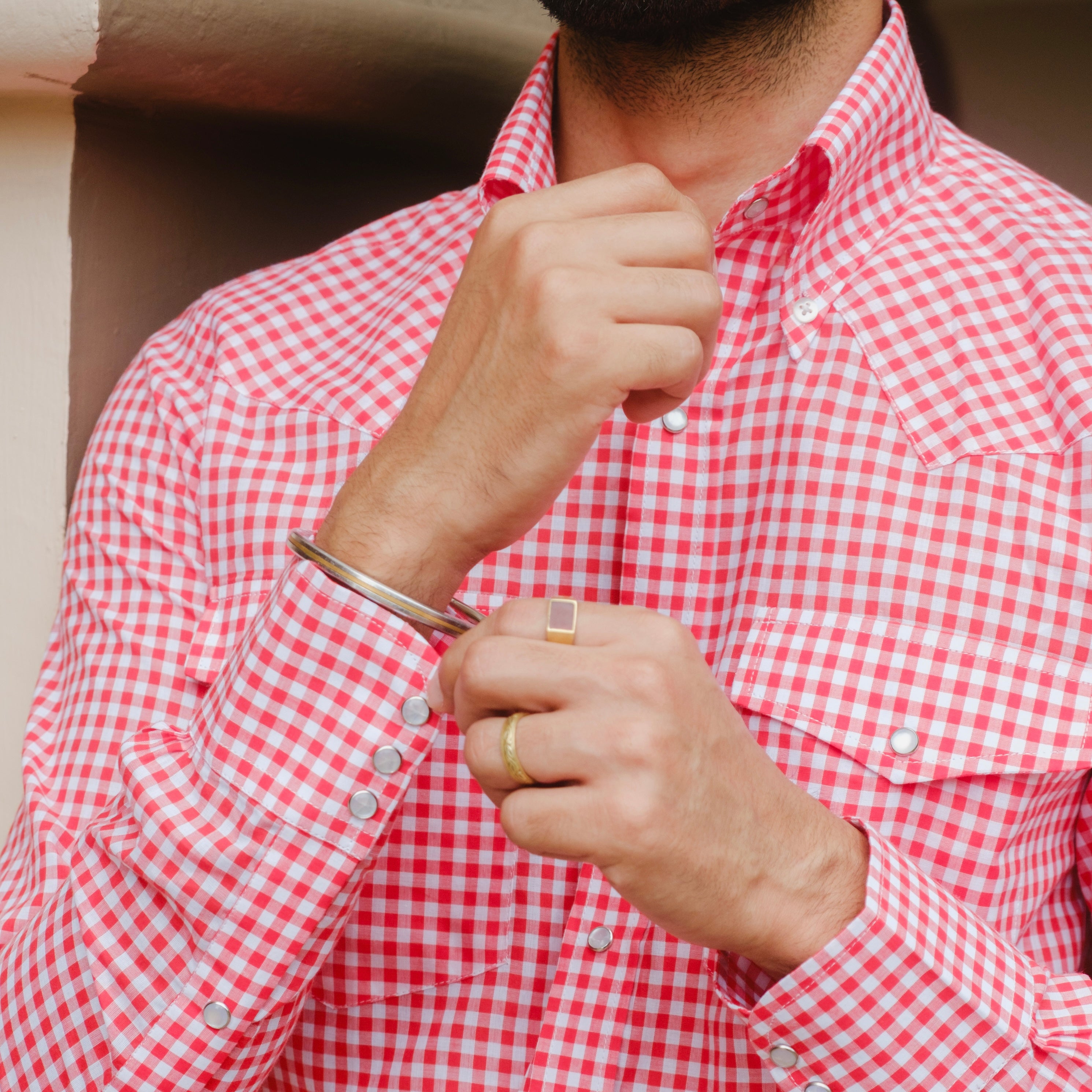 PENTEDATTILO RED AND WHITE GINGHAM BUTTON DOWN SHIRT