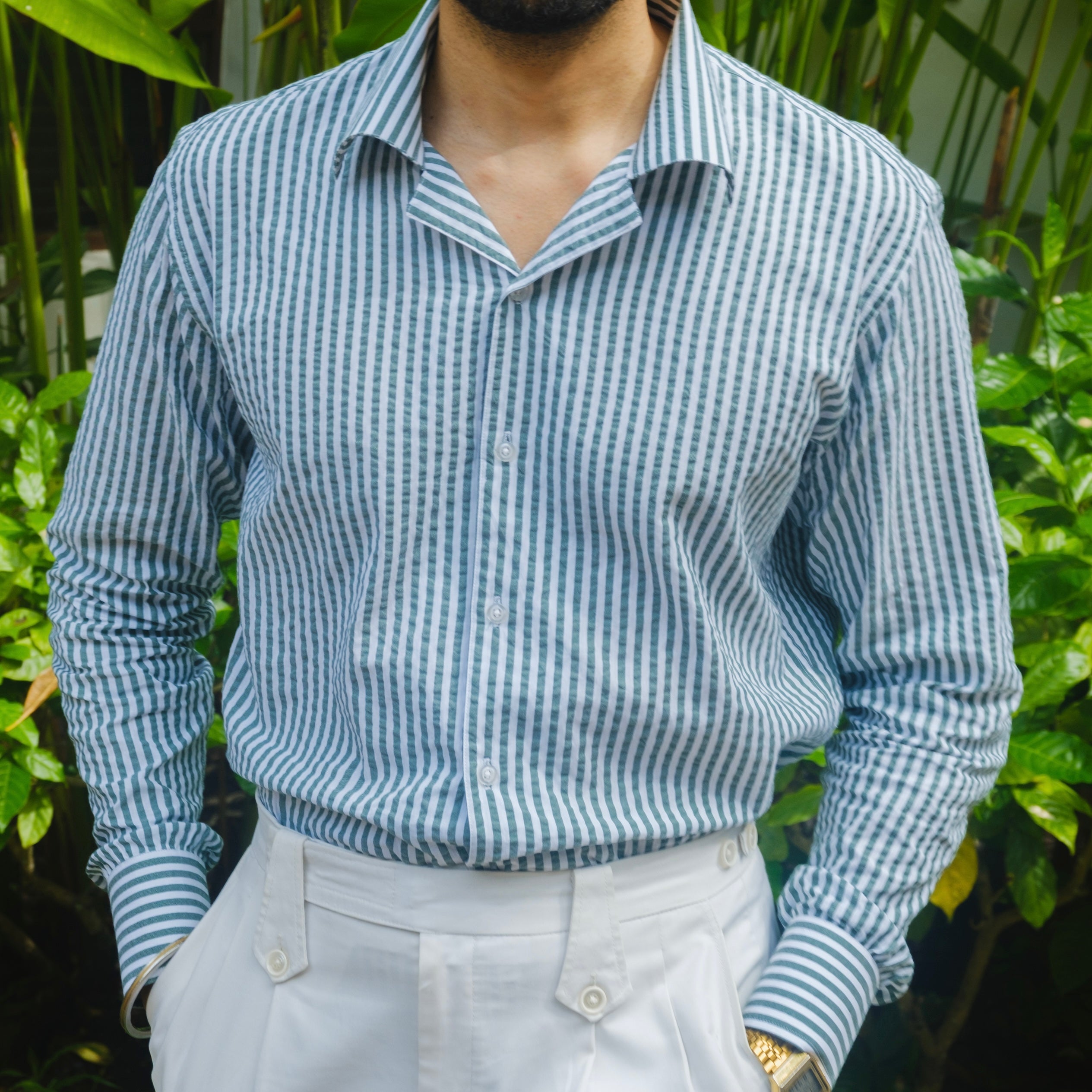 CAMOGLI GREEN SEERSUCKER STRIPED SHIRT