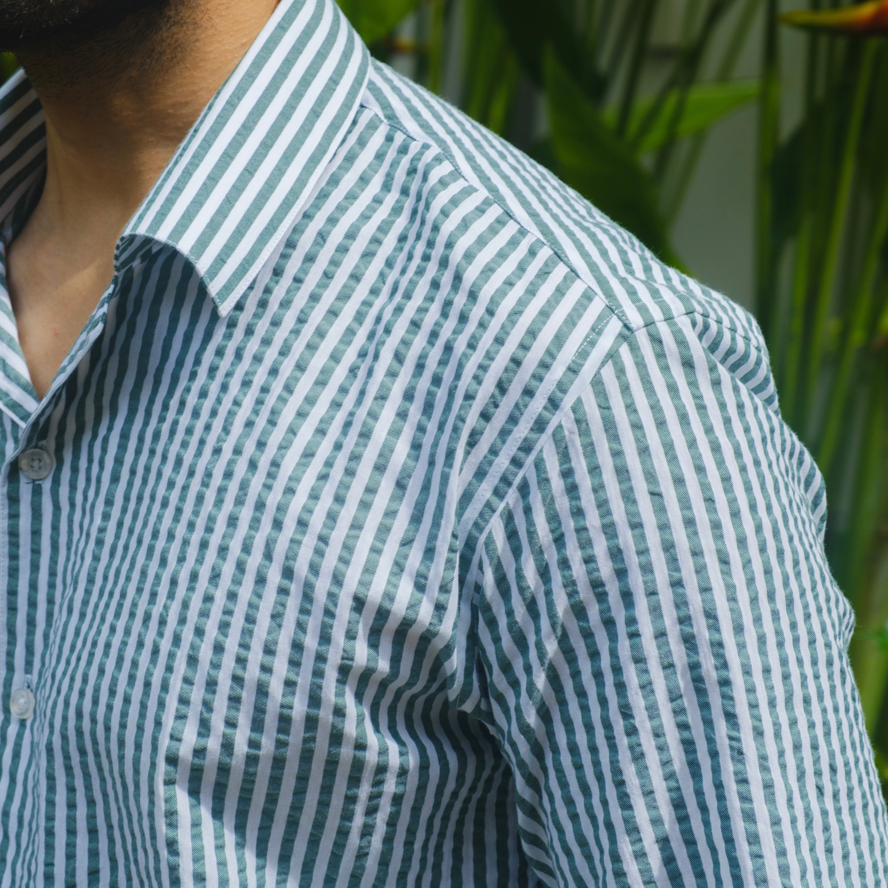 CAMOGLI GREEN SEERSUCKER STRIPED SHIRT