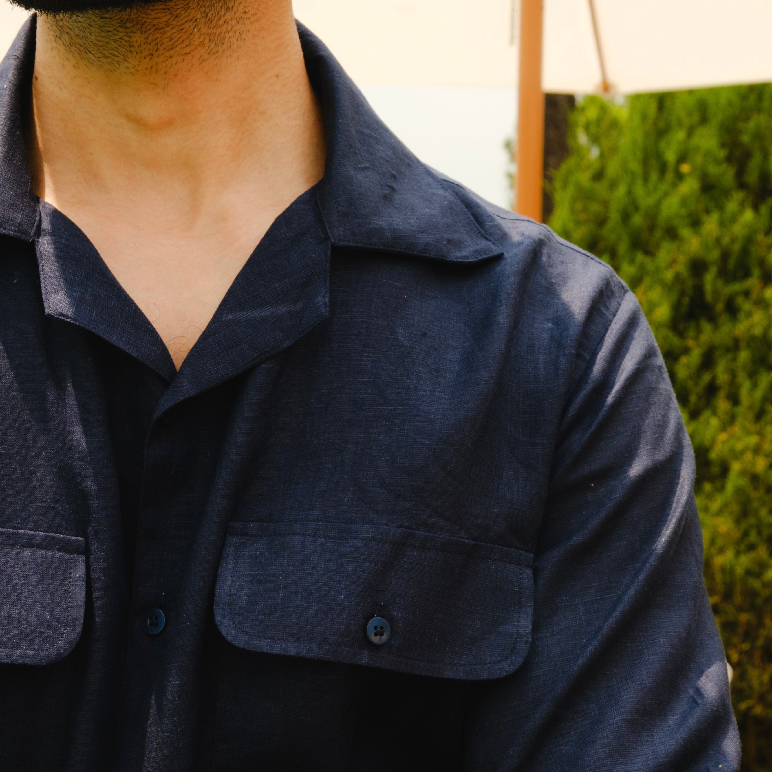 RAVELLO NAVY CUBAN COLLAR LINEN SHIRT