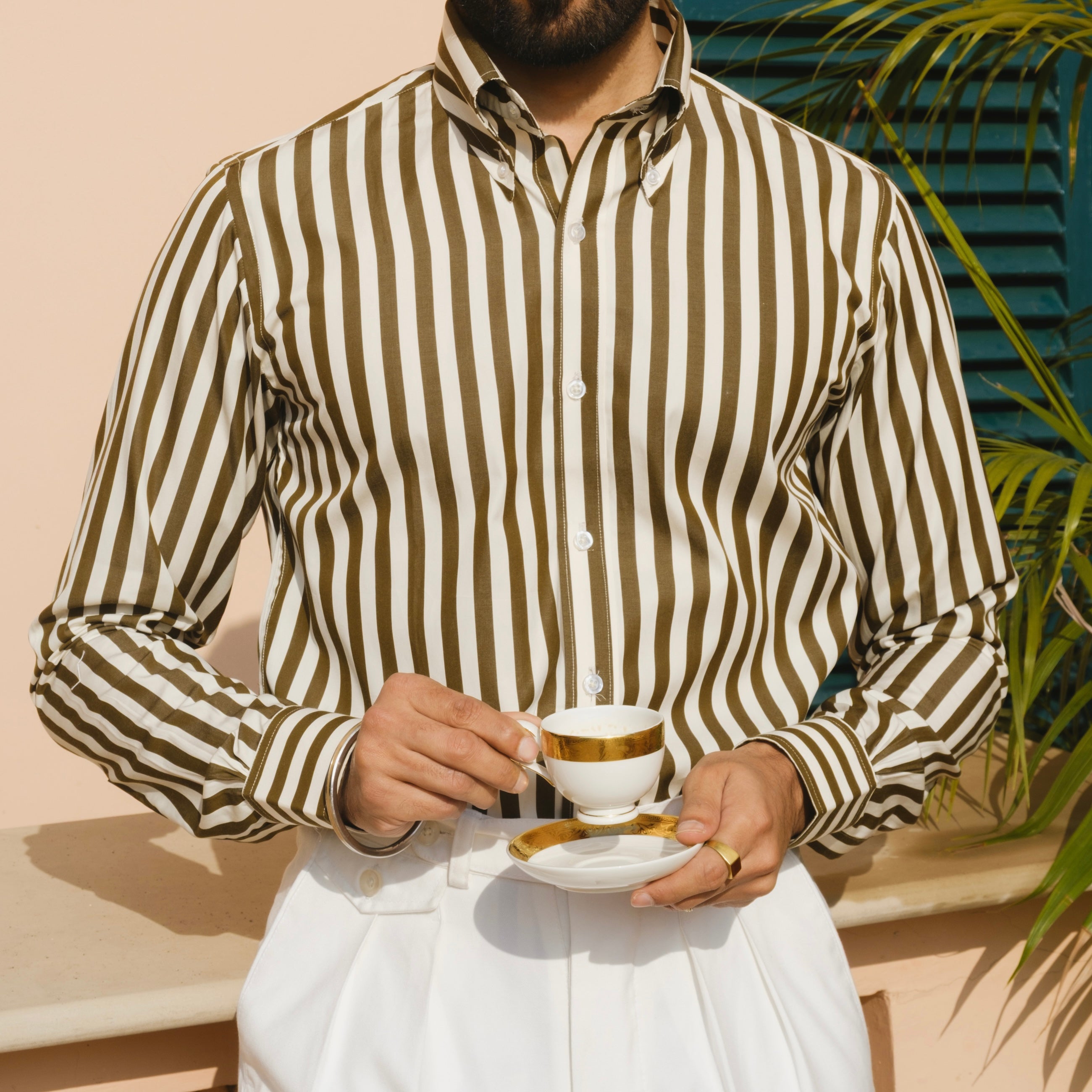 PORTO DI NAPOLI OLIVE STRIPED BUTTON DOWN SHIRT