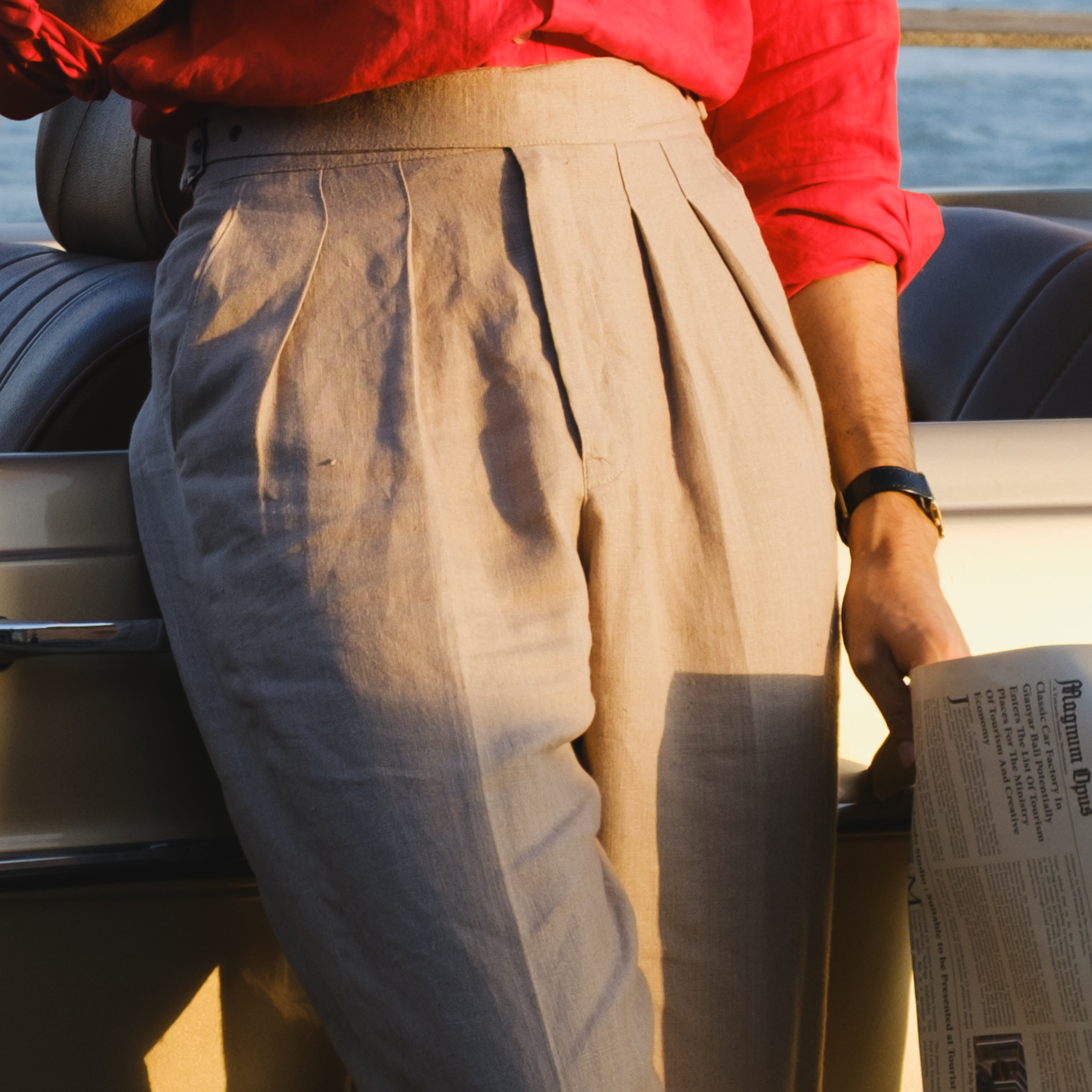 LORENZO TAUPE LINEN PLEATED GURKHA TROUSERS