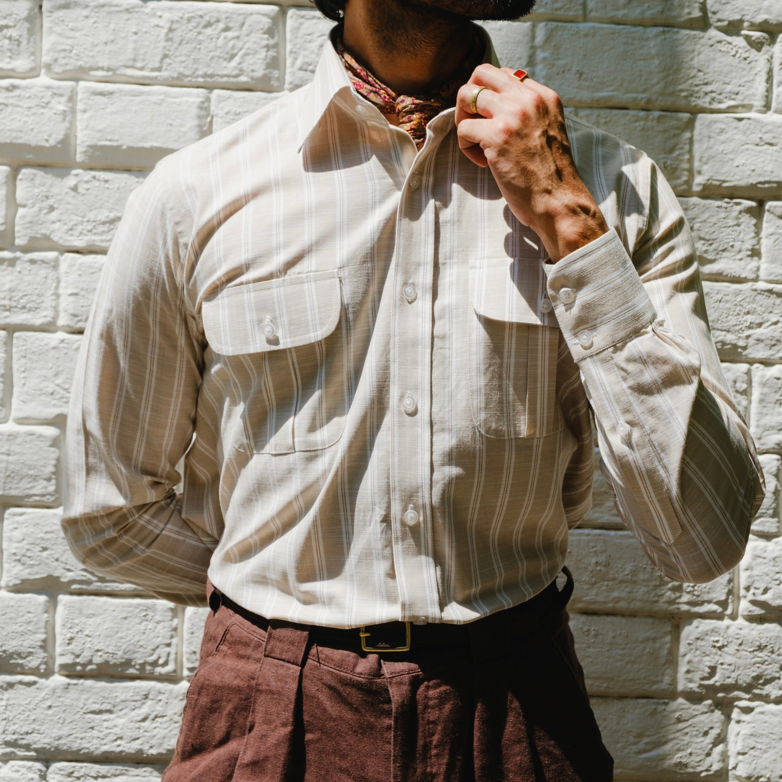 Sabbia Beige Double Pocket Striped Shirt