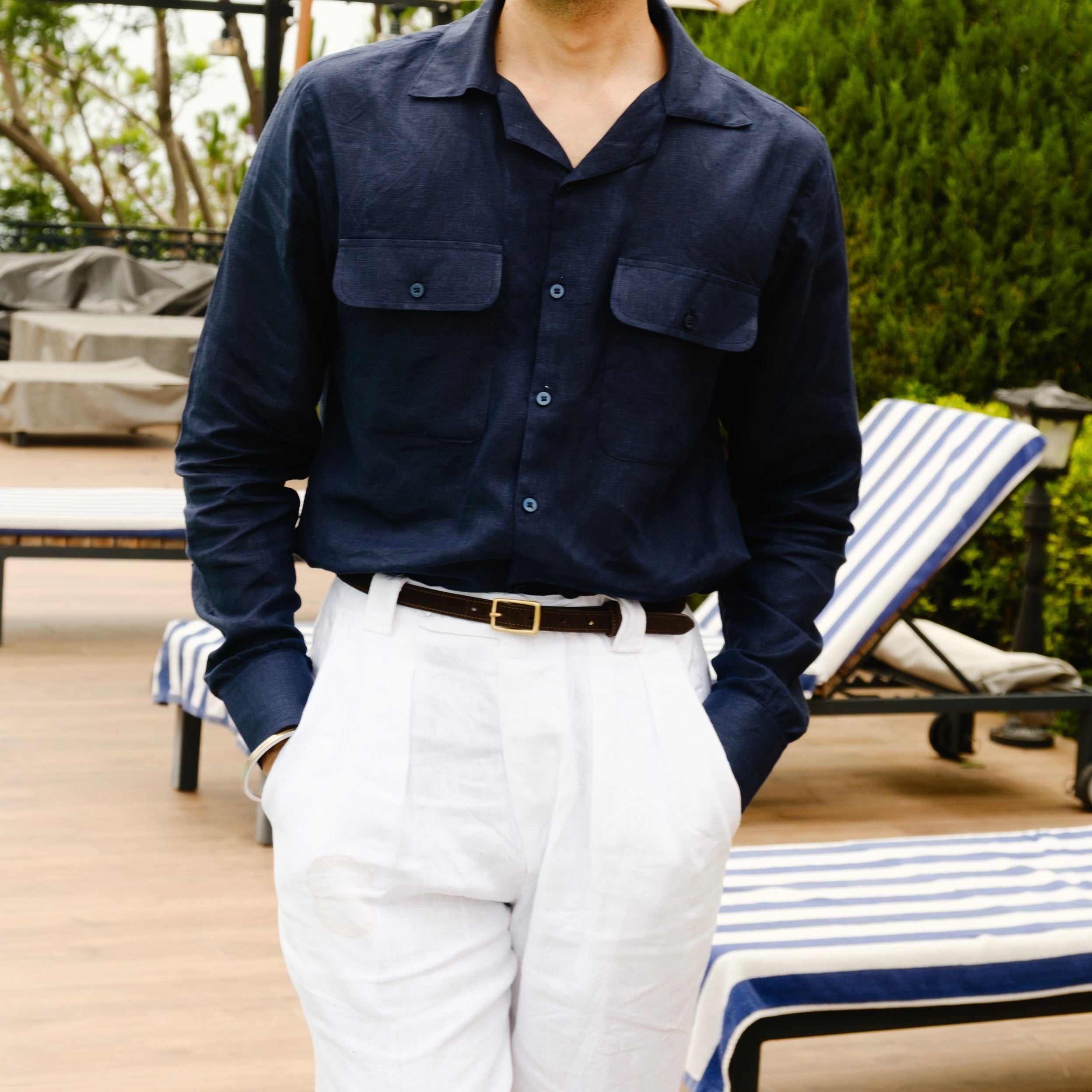RAVELLO NAVY CUBAN COLLAR LINEN SHIRT