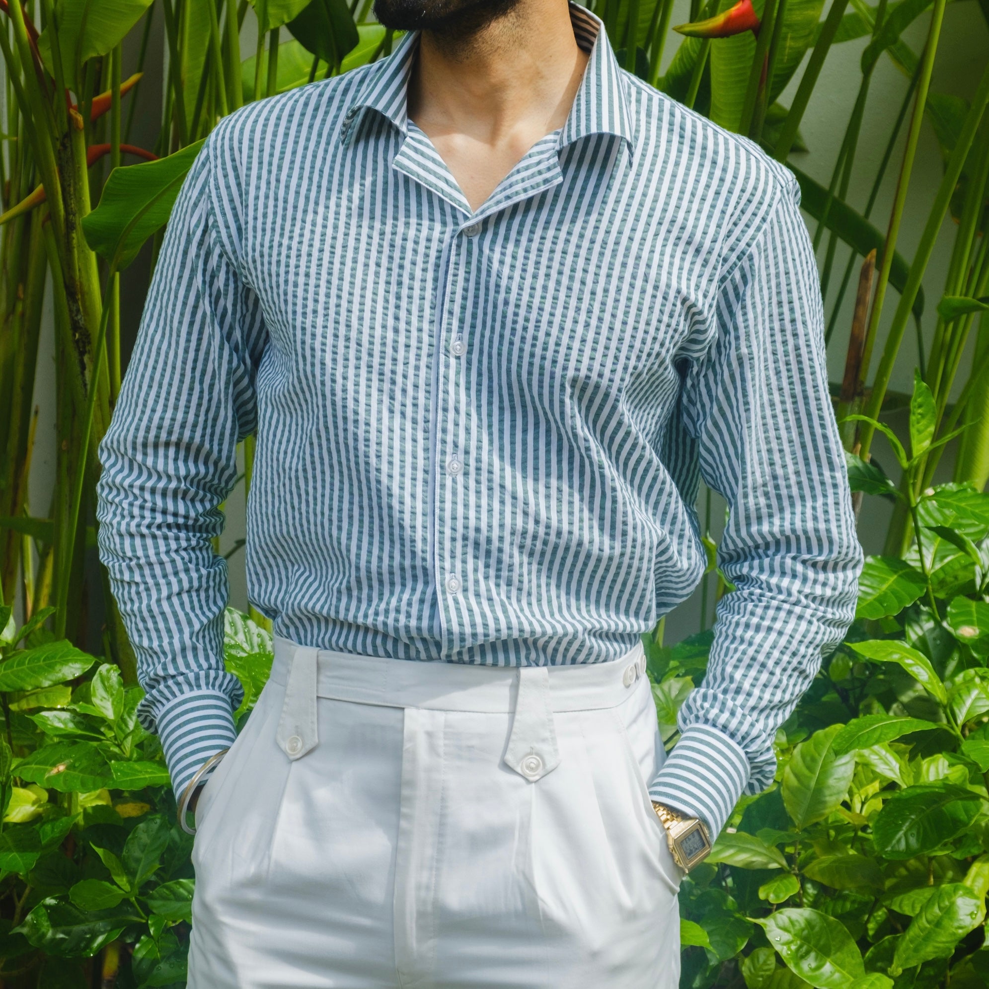 CAMOGLI GREEN SEERSUCKER STRIPED SHIRT
