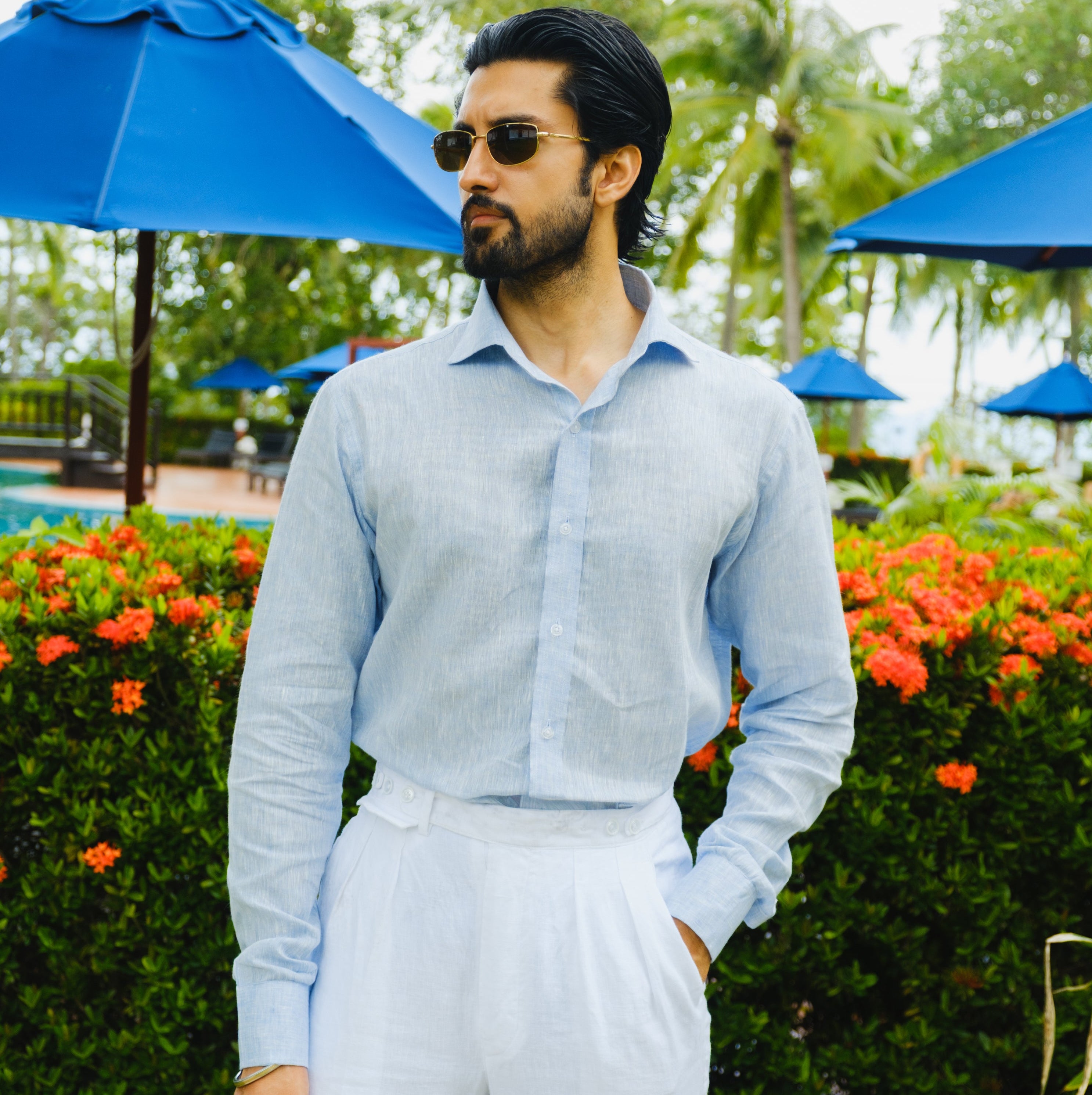 TAORMINA SKY BLUE LINEN SPREAD COLLAR SHIRT